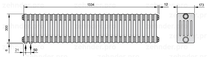 Схема (чертеж) Радиатор Zehnder Charleston 5030/29 №3370 Белый глянцевый RAL 9016
